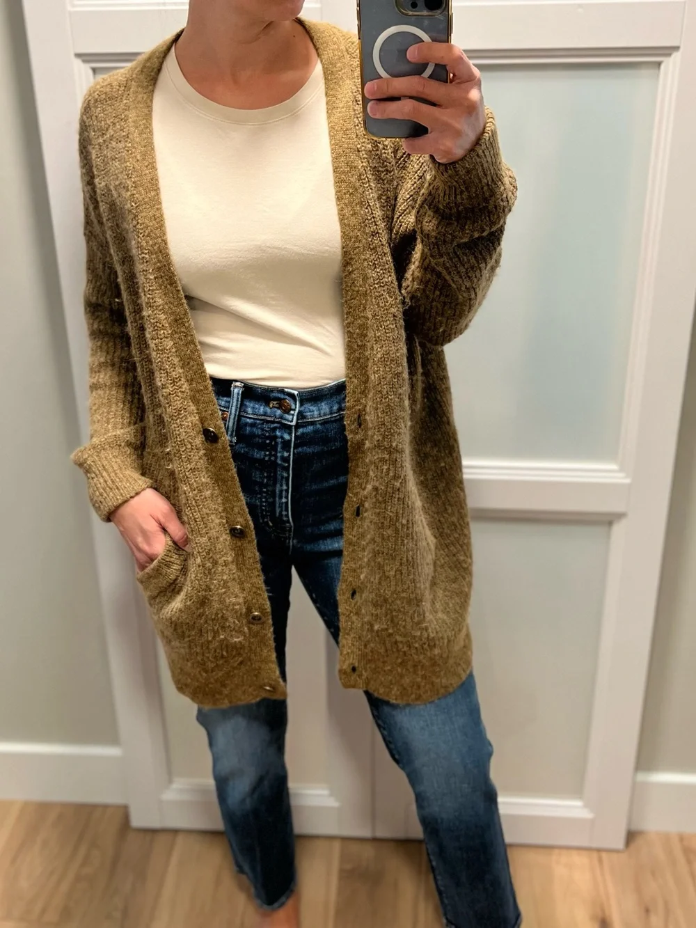 Free People Longline Button Cardigan in Warm Brown